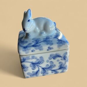 Andrea by Sadek Blue and White Bunny Trinket Box